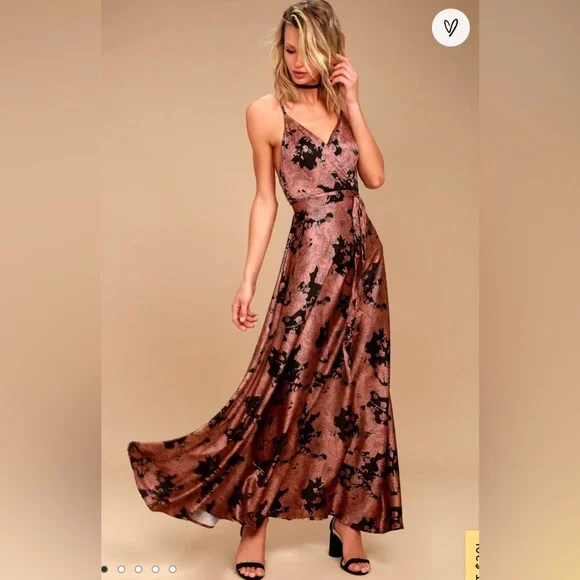Lulus Tea Gardens Rusty Rose Floral Print Satin Maxi Dress - Picture 1 of 12